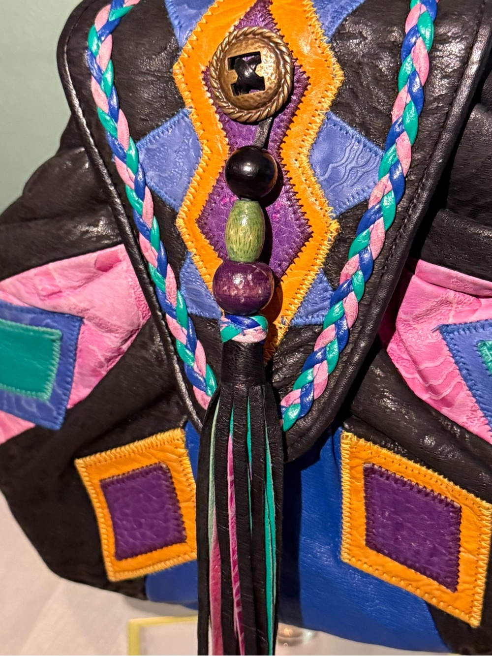 Vintage Viva California Fiesta Leather Patchwork Crossbody Bag 80s Boho Tassel